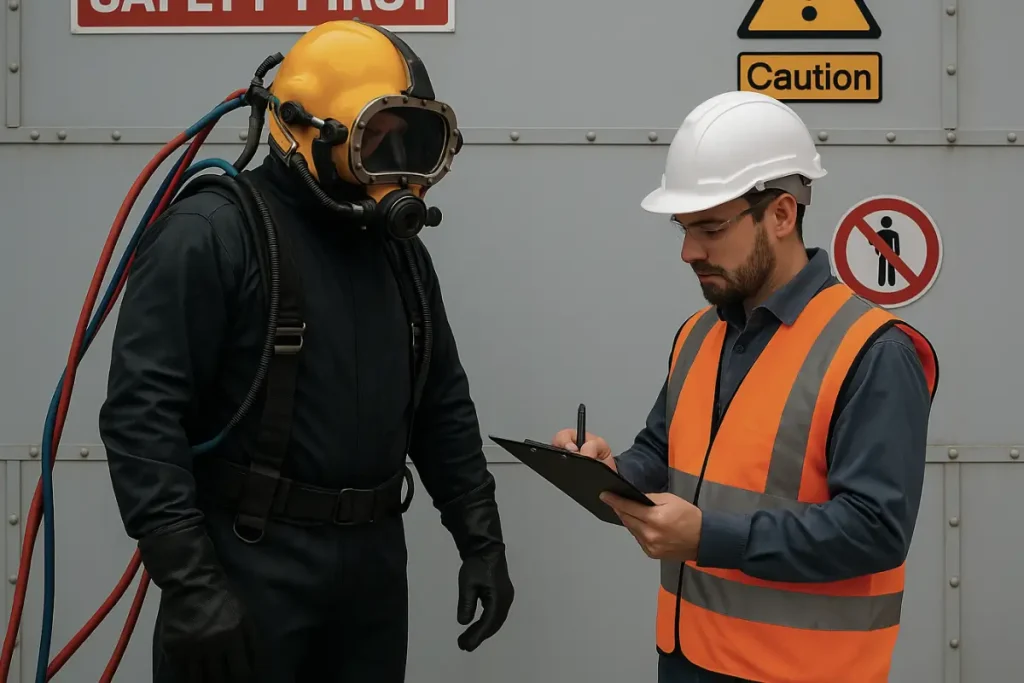 Safety inspection before underwater tank cleaning procedure